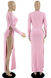 Black Women's Milk Fiber Long Sleeve Round Neck Slim Fitting High Slit Dress DR88129-3