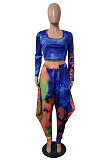 Blue Euramerican Women's Tie Dye Printed Long Sleeve Trousers Casual Suit JH278-1