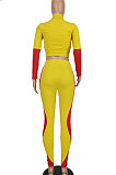Yellow Women Sexy Trendy Dew Waist Color Matching Sport Bodycon Pants Sets ED1088-1