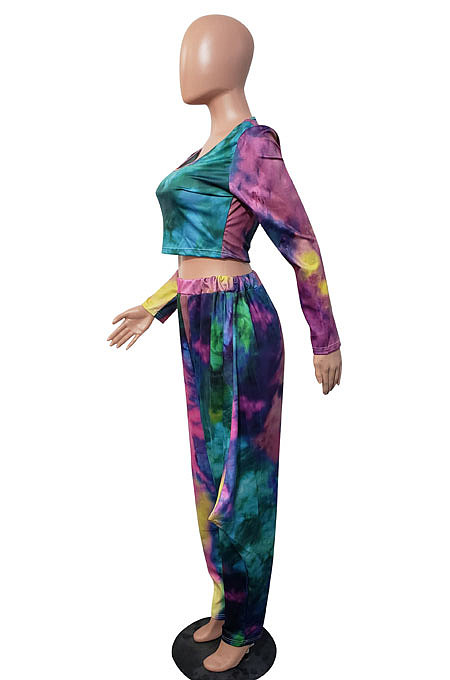 Blue Euramerican Women's Tie Dye Printed Long Sleeve Trousers Casual Suit JH278-1