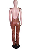 Black Modest Women's Leather High Waist Suspenders Pants N9307-1