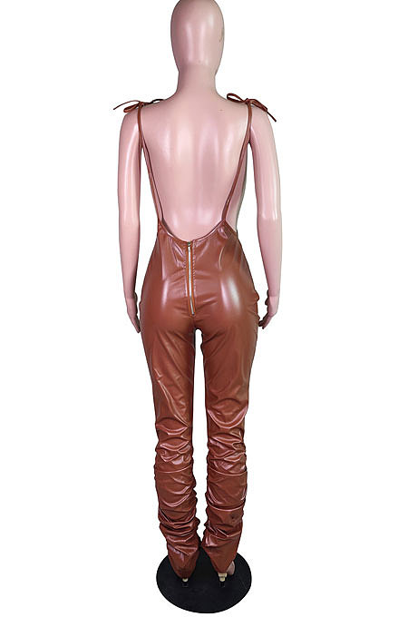 Black Modest Women's Leather High Waist Suspenders Pants N9307-1