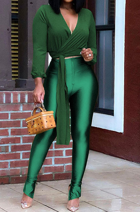 Green Women Chiffon Top Pure Color Pants Sets ED1084-3