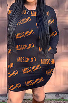 Black Preppy New Letter Printed Long Sleeve Loose Dress ORY5214