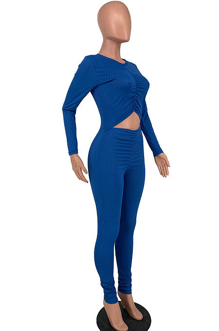 Blue Pure Color Sexy Long Sleeve Dew Waist Ruffle Bodycon Jumpsuits HY5245-2