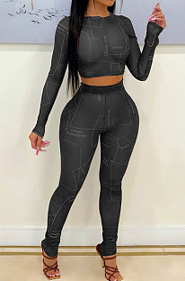 Black Night Club Letter Printed Long Sleeve Crop Tops Skinny Pants Mesh Fashion Suit MN8383-3