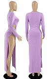 Light Purple Women's Milk Fiber Long Sleeve Round Neck Slim Fitting High Slit Dress DR88129-1