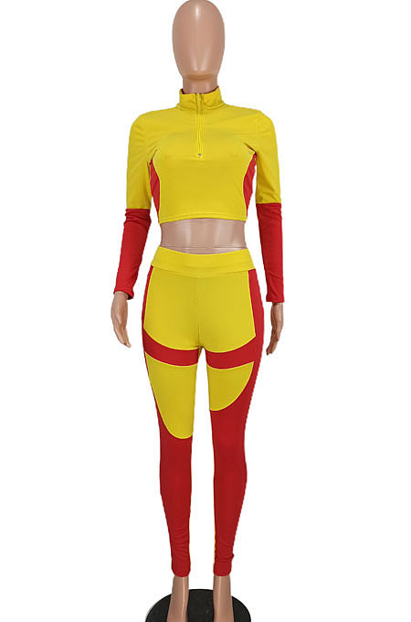 Yellow Women Sexy Trendy Dew Waist Color Matching Sport Bodycon Pants Sets ED1088-1