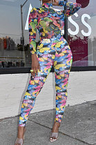 Multicolor Butterfly Printed Long Sleeve High Neck Tops Pencil Pants Slim Fitting Suit JH283 