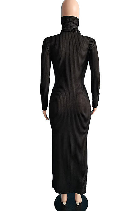 Dark Blue Modest New Ribber Long Sleeve High Neck Slim Fitting Slit Dress TC096-1