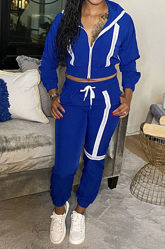 Blue Sports Women's Webbing Long Sleeve Hoodie Coat Jogger Pants Suit JH279-3