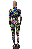 Multicolor Butterfly Printed Long Sleeve High Neck Tops Pencil Pants Slim Fitting Suit JH283 
