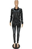 Black Wholesale Women's Snakeskin Imitation Leather Long Sleeve Lapel Neck Single-Breasted Shirts Skinny Pants Solid Color Sets MN8385-1