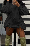 Army Green Design Newest Long Skeeve High Neck Loose Drawstring Dress DR88136-1