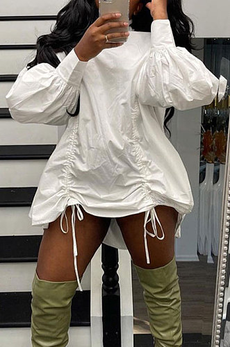 Black Newest Women's Puff Sleeve Loose Drawsting Mini Dress ORY5213-2