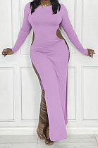 Light Purple Women's Milk Fiber Long Sleeve Round Neck Slim Fitting High Slit Dress DR88129-1