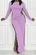 Light Purple Women's Milk Fiber Long Sleeve Round Neck Slim Fitting High Slit Dress DR88129-1