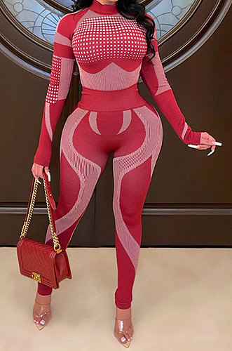 Red Euramerican Women Fashion Casual Sport Yoga Contrast Color Bodycon Pants Sets GLS10062-2