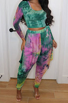 Green Euramerican Women's Tie Dye Printed Long Sleeve Trousers Casual Suit JH278-2
