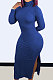 Dark Blue Modest New Ribber Long Sleeve High Neck Slim Fitting Slit Dress TC096-1