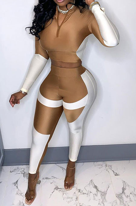 Khaki Women Sexy Trendy Dew Waist Color Matching Sport Bodycon Pants Sets ED1088-2