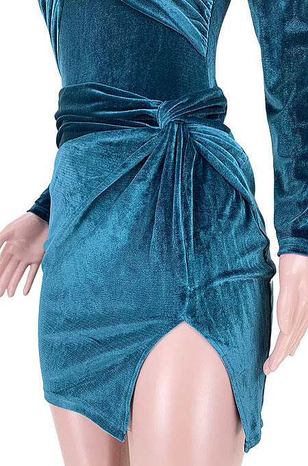 Blue Euramerican Women Club Velvet Zipper Knotted Split Skirts Sets GL6518-1