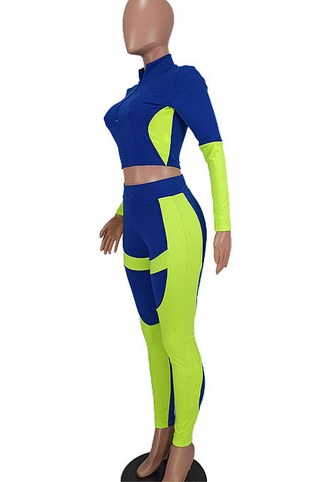 Khaki Women Sexy Trendy Dew Waist Color Matching Sport Bodycon Pants Sets ED1088-2