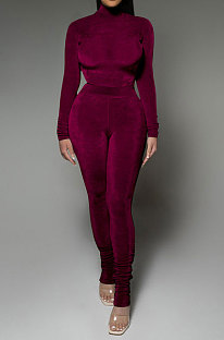Dark Purple Wholesale Velvet Long Sleeve High Neck Tops Skinny Pants Slim Fitting Suit DR88131-1