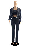 Grey Preppy Women's Velvet Strapless+Cardigan Coat Trousers Plain Color Three Piece DR88137-1