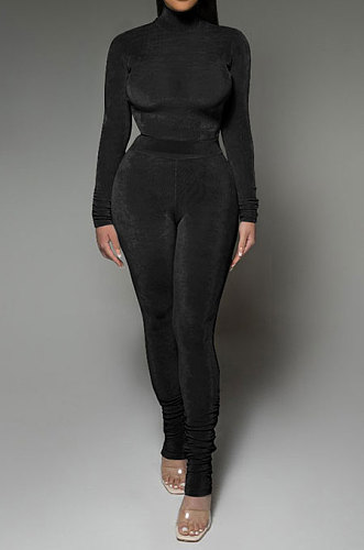 Black Wholesale Velvet Long Sleeve High Neck Tops Skinny Pants Slim Fitting Suit DR88131-4
