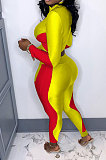 Yellow Women Sexy Trendy Dew Waist Color Matching Sport Bodycon Pants Sets ED1088-1