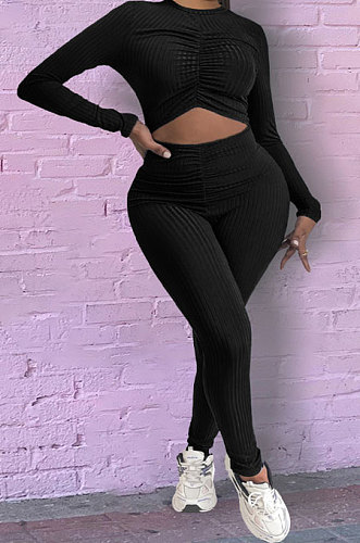 Black Pure Color Sexy Long Sleeve Dew Waist Ruffle Bodycon Jumpsuits HY5245-3