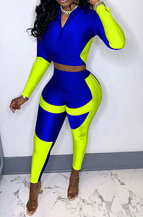 Blue Women Sexy Trendy Dew Waist Color Matching Sport Bodycon Pants Sets ED1088-3