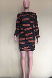 Black Preppy New Letter Printed Long Sleeve Loose Dress ORY5214