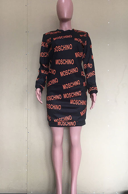 Black Preppy New Letter Printed Long Sleeve Loose Dress ORY5214