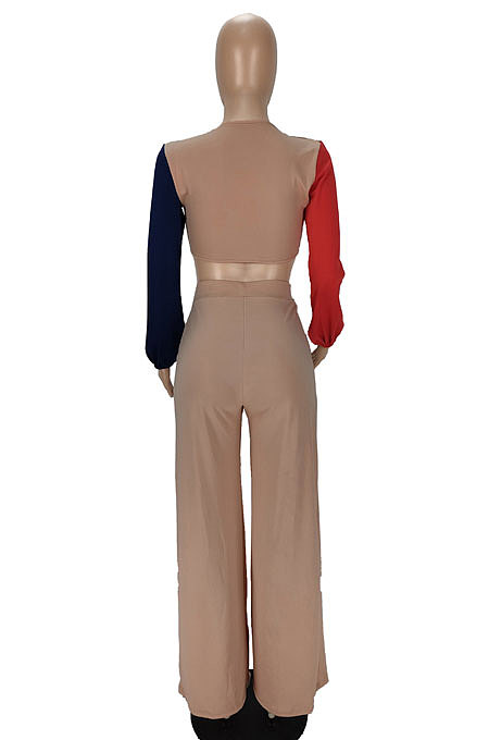 Khaki Sexy Matching Color Low-Cut Bandage Tops Wide Leg Pants With Pocket Suit MN8384-3
