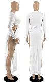 Black Women's Milk Fiber Long Sleeve Round Neck Slim Fitting High Slit Dress DR88129-3