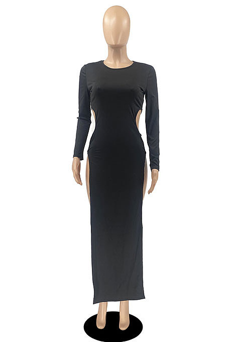 Light Purple Women's Milk Fiber Long Sleeve Round Neck Slim Fitting High Slit Dress DR88129-1