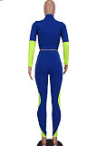Blue Women Sexy Trendy Dew Waist Color Matching Sport Bodycon Pants Sets ED1088-3