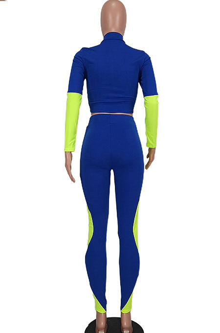 Khaki Women Sexy Trendy Dew Waist Color Matching Sport Bodycon Pants Sets ED1088-2