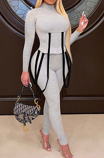 Light Gray Euramerican Women Fashion Casual Cotton Blend Long Sleeve Long Pants Sets ED1086-2