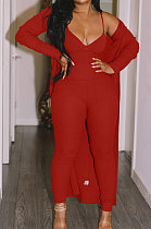 Red Wholesale Women's Ribber Jumpsuits+Cardigan Coat Plain Color Suits SY8832-2