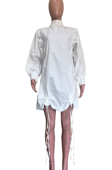 White Newest Women's Puff Sleeve Loose Drawsting Mini Dress ORY5213-1