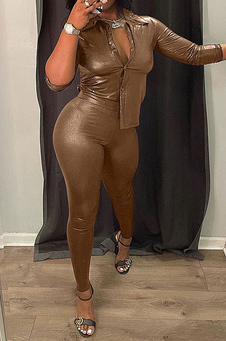 Black Wholesale Women's Snakeskin Imitation Leather Long Sleeve Lapel Neck Single-Breasted Shirts Skinny Pants Solid Color Sets MN8385-1