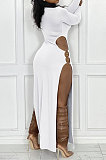 Light Purple Women's Milk Fiber Long Sleeve Round Neck Slim Fitting High Slit Dress DR88129-1