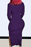Dark Blue Modest New Ribber Long Sleeve High Neck Slim Fitting Slit Dress TC096-1