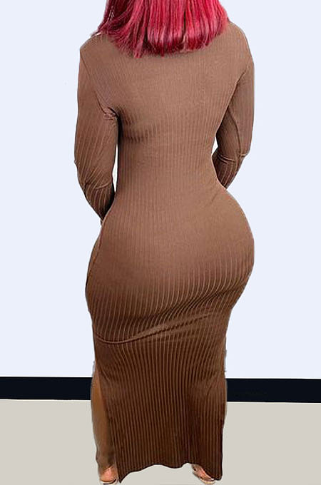 Orange Modest New Ribber Long Sleeve High Neck Slim Fitting Slit Dress TC096-5
