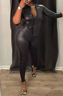 Black Wholesale Women's Snakeskin Imitation Leather Long Sleeve Lapel Neck Single-Breasted Shirts Skinny Pants Solid Color Sets MN8385-1