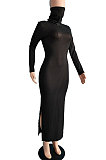 Dark Blue Modest New Ribber Long Sleeve High Neck Slim Fitting Slit Dress TC096-1