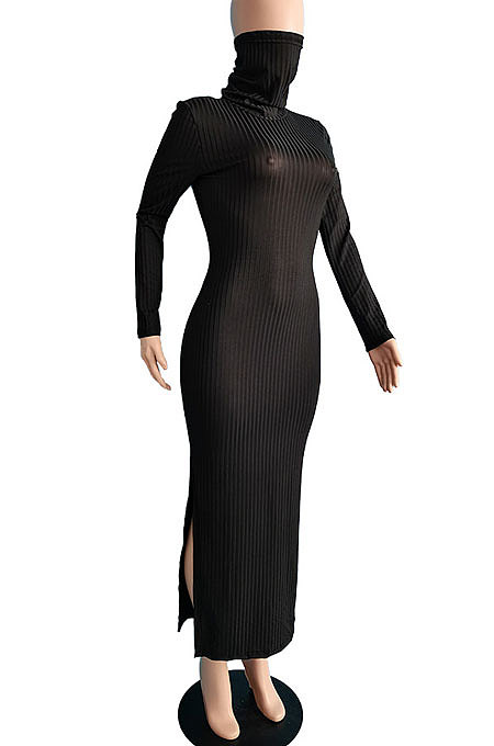 Dark Blue Modest New Ribber Long Sleeve High Neck Slim Fitting Slit Dress TC096-1